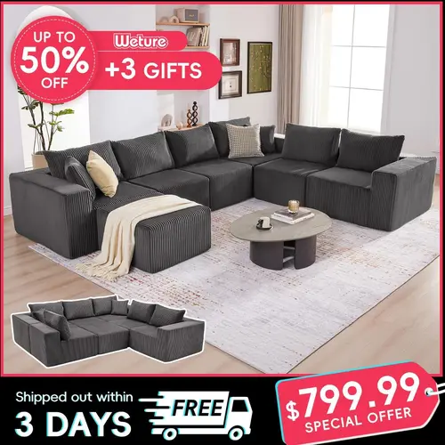 【4 packages】135.4" Cloud Couch Sectional, Sectional Sleeper Sofa with Deep Seat, Plush Corduroy U Shaped Boneless Couch, Convertible Modular Couches for Living Room, 7Seat