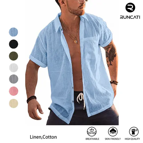 Runcati Men's Short Sleeve Button Up Shirts Linen Cotton Beach Tops Spread Collar Plain Summer T Shirt with Pocket