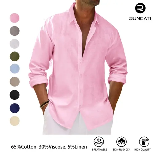 Runcati Men’s Button Down Shirt Cotton Linen Casual Long Sleeve Shirts Collared Hippie Beach Tops