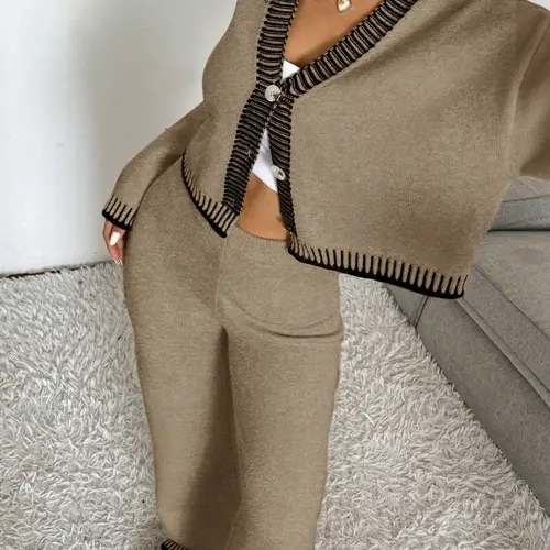 Women's Basic V Neck Colorblock Cardigan Sweater Set, Casual Loose-Fit Crop Top & High Waist Wide Leg Pants, Fall Winter Knitted Outfit Elastic