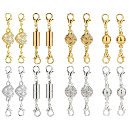 16-Pack Magnetic Necklace Clasps & Closures, 1.8in Gold/Silver Plated Metal Charm Accessory, Stainless Steel Lobster Claw Clasp, No Battery Needed Jewelry Making Supplies, Necklace Extender