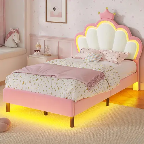 Sikaic Twin Size Pink LED Bed Frame with Princess Crown Headboard, Velvet Upholstered Platform Bed for Girls Bedroom Furniture, No Box Spring Needed