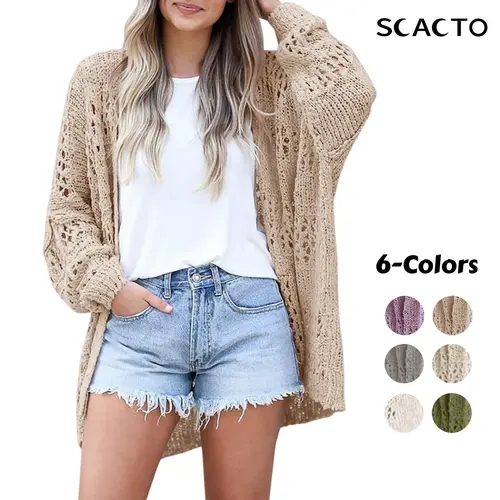 Scacto Women's Boho Crochet Cardigan - Baggy Open Front V-Neck Knitwear, Lightweight Acrylic Blend Fabric, Fringe Hem, for Casual & Office Use, Beach-to-Office Women's Clothing,sohochic