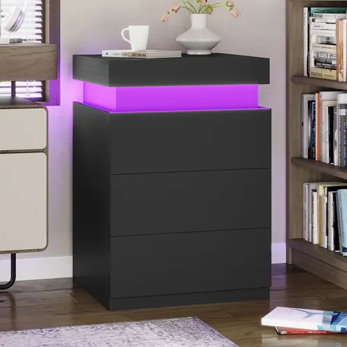 Sikaic LED Nightstand with Charging Station, Black Bedside Table with Sliding Top Drawer, Modern Bedroom Storage Nightstand Furniture