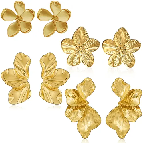 Women's 17KM 14 Karat Gold Plated Flower Leaf Earrings - Bold Irregular Chunky Dangle Statement Jewelry, Ornate Gold Earrings, Metallic Embellished Accessories for Women,sohochic