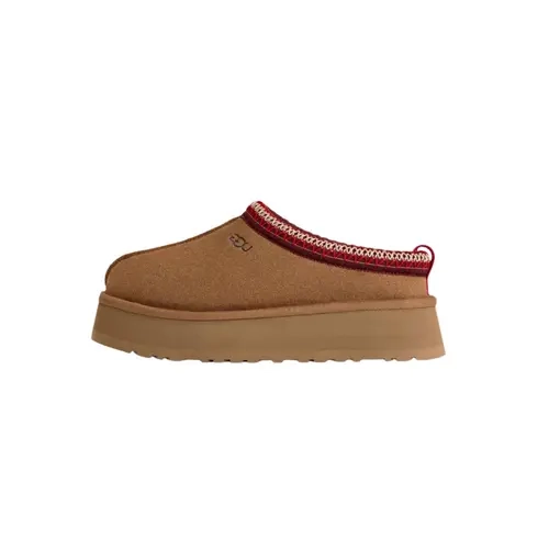 Women's UGG Tazz Style Plain Round Suede Platform Slip-On Slippers - Chestnut Ankle Footwear with 1.5" Lightweight Treadlite Sole, Embroidered Braid, Sheepskin Plush Lining for Everyday Use, Casual Wear
