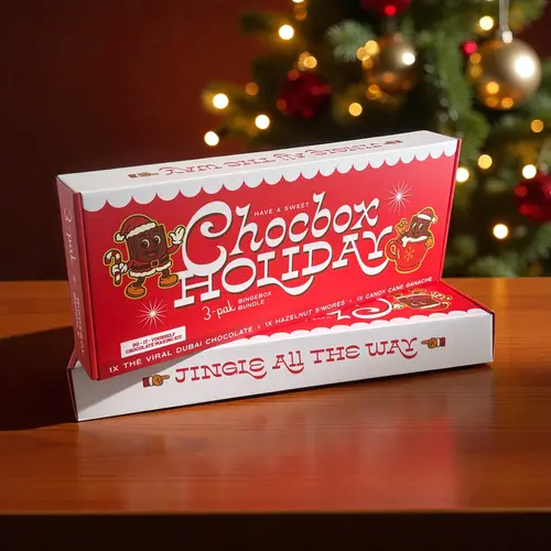 Chocbox Holiday Binge Box Food Gift Set (3-Pack Kit) - Viral Dubai Dark Chocolates, Viral Treats, Minty Mrs. Clause, New Hazelnut S’mores with Hazelnut Cream, Graham Cracker Crumbs, QR Code Instructions, Snack Boxes