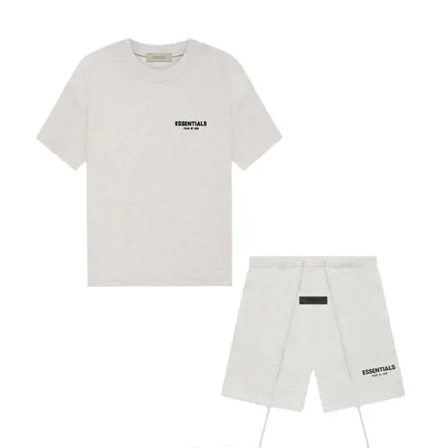 (Tee and Shorts) Fear of God Essentials Light Oatmeal T-shirt & Shorts Set - Oversized Fit Simple Design Versatile Wear for Everyday Comfort