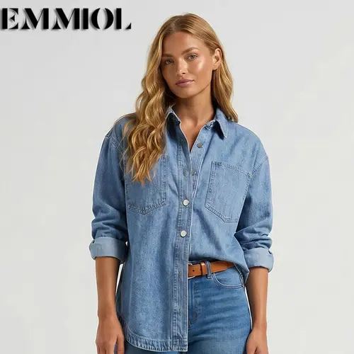 EMMIOL Women Oversized Denim Shirt Jacket Long Sleeve Button Down Distressed Vintage Blue Jean Jacket Streetwear Summer Vibes【Back to School】 Casual Basic SohoChic