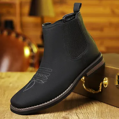 Men’s Western Cowboy Boots, Square Toe Chelsea Ankle Boots, Casual, Retro, Stylish, Classic, Comfortable, and Versatile.Available in Khaki & BlackFootwear for Outdoor and Casual Wear, Closed-Toe Style