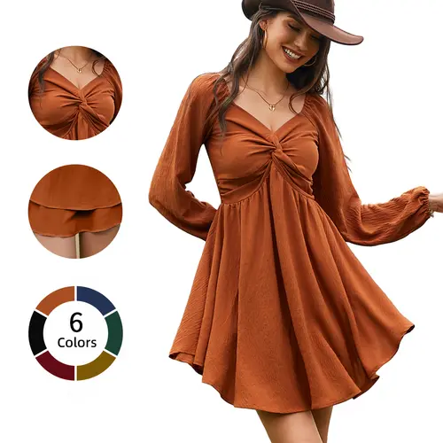 Chicovar Women's Spring Sweetheart Neckline Knot Front Flowy Mini Chiffon Dresses , Lantern Sleeve, A-Line Cut, No Scratchy, No Sheer, Westernfashion, Family Photos, Church, Party, Casual, or Daily Wear, Sohochic Long Sleeve Womenswear