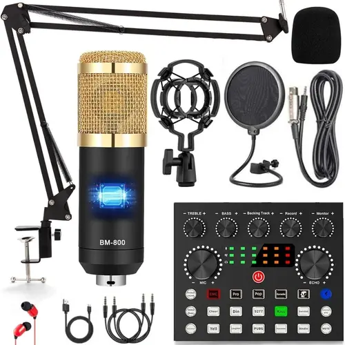 Safring Podcast Equipment Bundle - BM800 USB Rechargeable Condenser Microphone with V8s Voice Changer, Live Sound Card, USB Audio Interface, Desk Clamp for Podcasting, Live Streaming (Windows, Twitch)