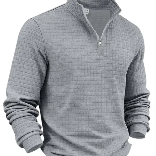 Men's autumn and winter solid color waffle weave pullover sweatshirt, regular style leisure casual zipper placket knit zip up long sleeve knitted sweater knitwear, men' outdoor sports clothing, Tops, S-3XL