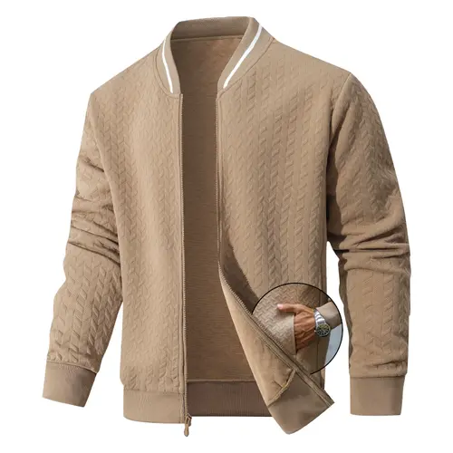 Zaitun Menswear Casual Varsity Bomber Coat - Lightweight Fitted Cut Polyester Top, Stand Collar, Long Sleeves, Easy Zip Wear, Plain Design, Beads Accents, Fall Winter Outerwear for Errands, Casual Varsity Vibe Easy Styling