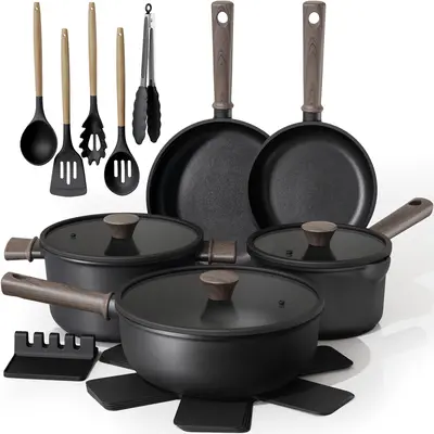 Astercook 18-Piece Non-Stick Cookware Set - Skillet, Pots and Pans, Induction & Modern Cooktop Fit, Elegant Wooden Handles, Large Frying & Omelette Pans for Home Kitchen Use