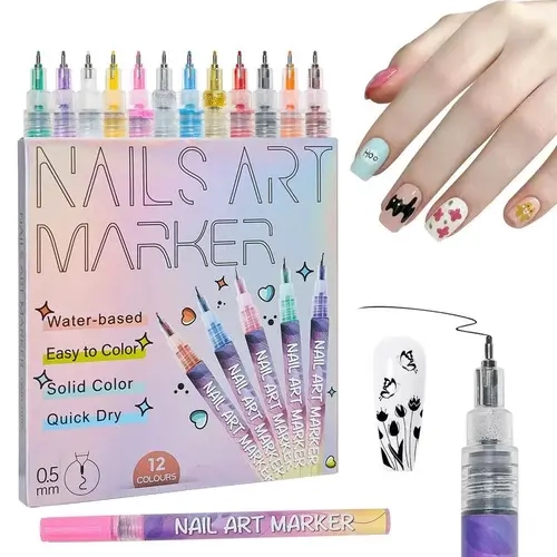 Nail Art Markers - 12-Color Quick Drying Water-Based Acrylic Pens, 0.5mm Tip, Easy-Application Solid Shades for DIY Manicure, 3D Dot Embroidery Tool for Home & Salon Use