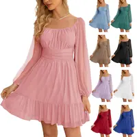 Wenrine Women's Formal Mesh Square Neck Long-Sleeve High-Waist A-Line Ruffle Hem Flowy Short Dress - Style Clothes for Casual Outfits, Party Wear