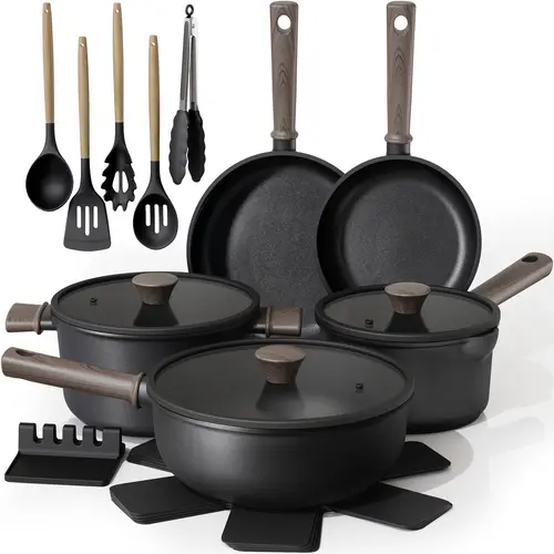 Astercook 18-Piece Non-Stick Cookware Set - Induction-Use Pots and Pans Set, Thermal, Easy-Clean, Oven-Safe, High-Temperature Resistant, with Elegant Wooden Handles (Frying Pan, Stew Pot, Steamer)