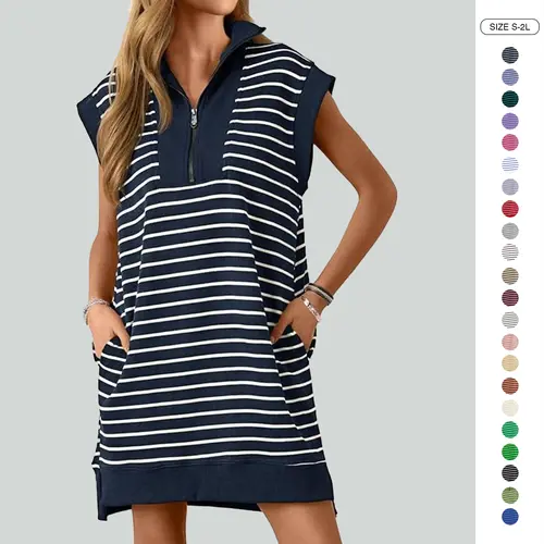Wenrine Women's Striped Knit Mini Dress - Collared V-Neck, Cap Sleeve, Loose Fit, Zipper Detail, Summer Lady Clothing, Formal & Casual Wear, Do Not Dry Clean
