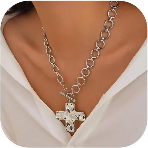 Tewiky Women's Gold Chunky Cross Necklace - Statement Pendant, Layered Hammered Design, Vintage Toggle Clasp, Easter Jewelry for Women's Fashion (Layered Necklaces, Chunky Jewelry, Accessories),sohochic