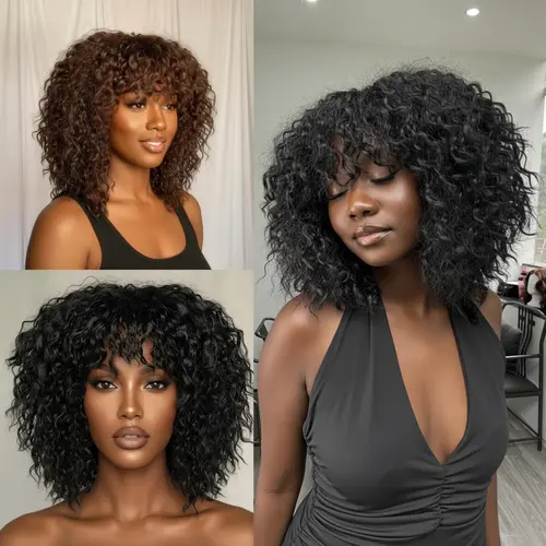 [Big Hair Curly] Beginher Hair-Wig N Go Collection 16 inches Heat Resistance 200% Density Messy Curly Bangs True Scalp Synthetic Wear Go Beginner 3 Seconds to Wear Ready Go Glueless Wigs Natural Black Color Summervibes Heat Resistant Wigs Synthetic Materi