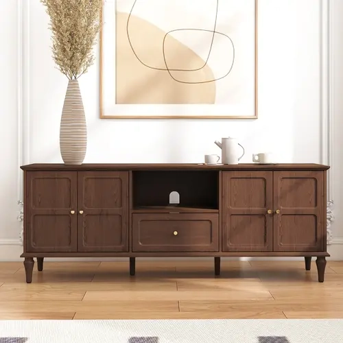 HLR Mid-Century Modern 67-Inch TV Stand - 3-Level Shelves, Drawer for Remotes, Hand-Painted Detail, Open Shelf Adds Easy Display Space, Solid Wood Legs Secure, Durable Ample Storage Entertainment Console for Home Decor Enthusiasts' Living Rooms