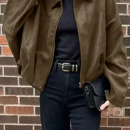 Women's Autumn-Winter Suede-Textured Loose-Fit Zip-Up Bomber Jacket, Stylish Turn-Down Collar Design for Casual Wear Outerwear Coats, Casual Bomber Jackets