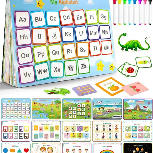 Montessori Busy Activity Book for Toddlers 1-3, 32-Themed Preschool Teaching Supplies, Waterproof 8-Piece Art Marker Set, Reusable Pages Visual Learning Tool, Autism Binder, Holiday Gift for Boy and Girl, Alphabet Learning Chart