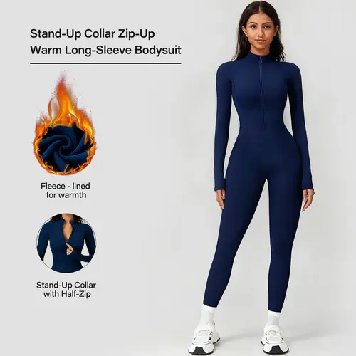 Women's Fleece-Lined Unitard with Half-Zip, Seamless Elastane Body-Hugging Long Sleeve, All Season Activewear for Yoga Workout,travel essentials,camping essentials tiktokshopbacktoschool