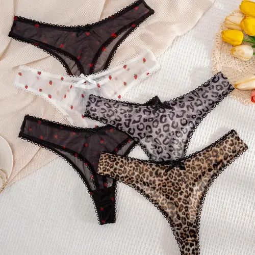 Women's Bow Decor Leopard Thong, Soft Comfy Breathable Lingerie for Daily Wear, Everyday, Women's Underwear for All Seasons