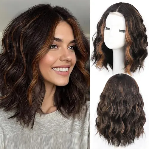 LiteVibes Black Mix Brown Highlight Short Wavy Bob Wig for Women Lace Hairline Synthetic Heat Resistant Casual Daily Hairstyle 14 Inch,sohochic