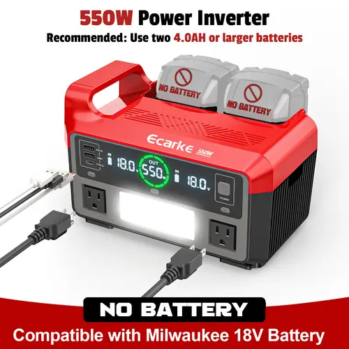 550W Power Inverter Compatible with Milwaukee 18V Battery, Battery NOT Included, Power Station DC 18V to AC 110V Pure Sine Wave, Battery Power Adapter 2 USB-A & 1 Type-C & 2 AC Outlet, Generator Phone Charger LED Light Camping Emergency toolupgrade