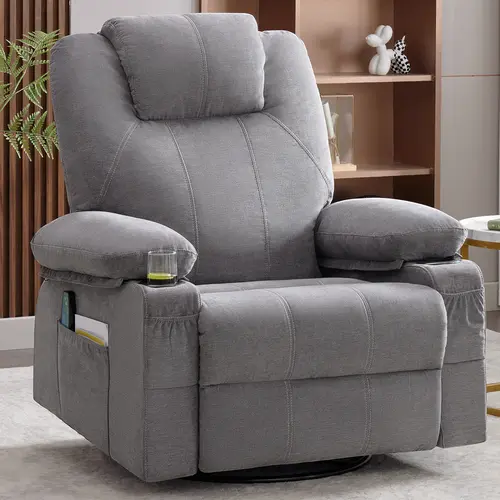 Swivel Rocker Recliner Chair with Heat and Massage, 360 Degree Swivel Rocking Single Sofa with Cup Holders and USB Port, Big Oversized Recliner Chair for Living Room