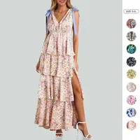 Wenrine Women’s Light Elastane Fabric Casual Dress - Sleeveless, V-Neck, Tie Strap, Boho Ruffled Tiered, High Slit, Back Zip, Elegant Summer Floral Maxi for Casual, Beach Wear
