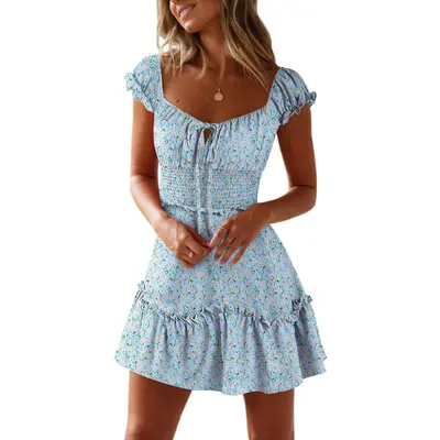 Wenrine Women's Bohemian Summer Floral Print Ruffle Short-Sleeve Sweetheart Neckline Slim-Waist Mini Dress, Light Polyester Feels Easy All Day Casual Dress