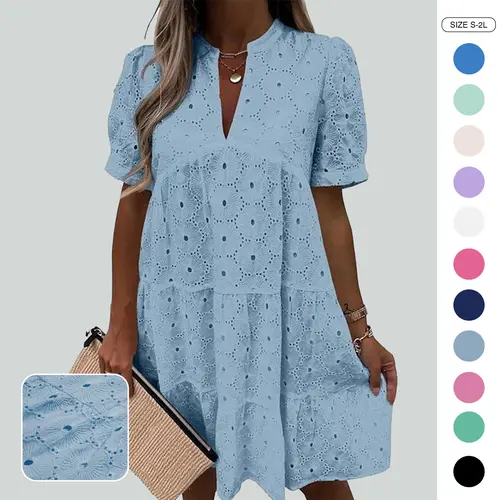 Wenrine Women’s Summer Lace Eyelet Dress - Lady’s Short-Sleeve V-Neck Flowy Babydoll Swing Tunic, Casual Wear with Cotton-Polyester Fabric