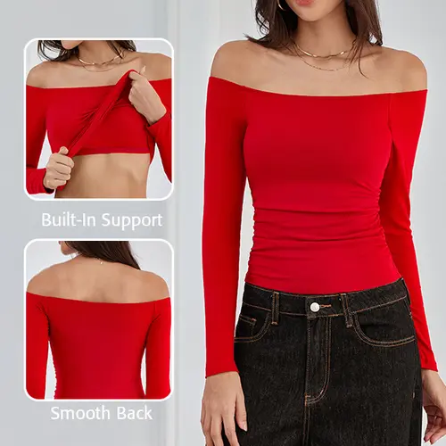 ATTRACO Built-in Bra Long Sleeve Ribbed One Shoulder Top Elegant Bodycon Fabric Shirt Fashion Y2K Style Slim Skirt Basic Women's Simple