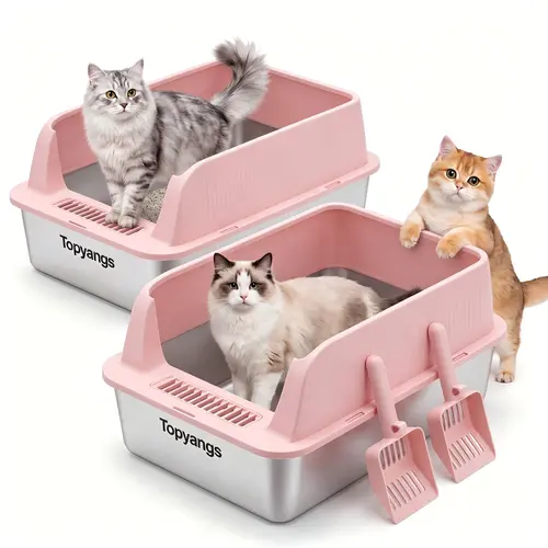 Topyangs 2-Pack Stainless Steel Cat Litter Box, Extra Large High Sided Litter Box, Anti-Leak & Non-Stick, Easy to Clean with Free Litter Scoop for Multi-Cat Household,sohochic