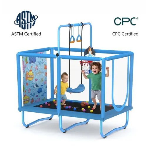 SkyBound 6-in-1 Rectangular Trampoline (36×55in) – Colorful Unisex Kids Toys, Metal Frame Indoor-Outdoor Jump Equipment with Safety Net, Basketball Frame, Swinging Swing, Gym Rings, Training Balls, 250LBS Load, Tool-Free Assembly for Ages 3+ Youth