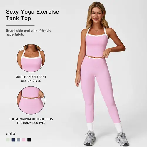 Women's 2-Piece Solid Color Matching Activewear Set, Cut-Out Backless Camisole & High-Waist Leggings, Sport-Ready Clean Look Outfit for Yoga, Gym, Summer Wear, Valentine's Day Gift, Two Piece Sets,sohochic