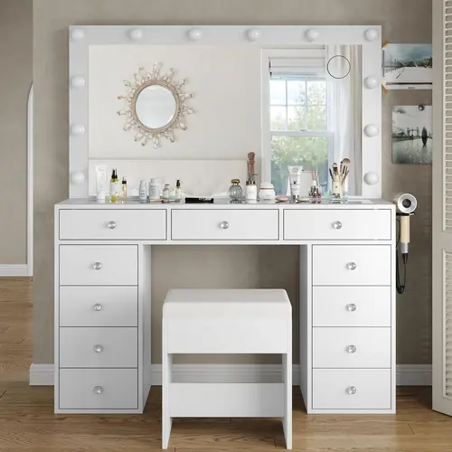 FUSOU 47" LED Display Light Makeup Vanity Desk with 11 Drawers, Power Outlet, 12 LED Lights, 3 Lighting Modes, Mirror, Glass Top, Chair (Shipped in 2 Packages) - Indoor Furniture for Bedroom, Dressing Room, Led Display Light Makeup Vanities