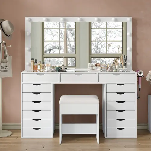 FUSOU 55" Adjustable Vanity Table Set with 15 Drawers, Charging Station, Hair Dryer Holder, LED Mirror (3 Color Modes), Chair & Auxiliary LED Light Makeup Vanities for Bedroom (Shipped in 2 Packages) - Ideal for Wives