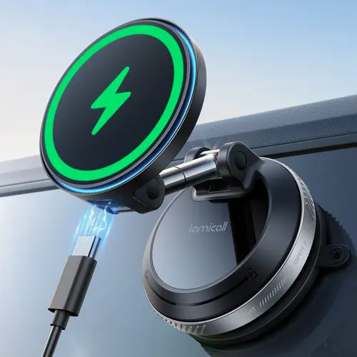 Lamicall 15W MagSafe USB-C Car Charger with Dual Ports - Suction Cup Dashboard Wireless Charger, Cordless Charging Vacuum Magnetic Holder, Fast Charging Auto & Cars Accessories for iPhone 17 Pro Max 16 15 14 (Black), Dashboard Wireless Charging, Phone Acc
