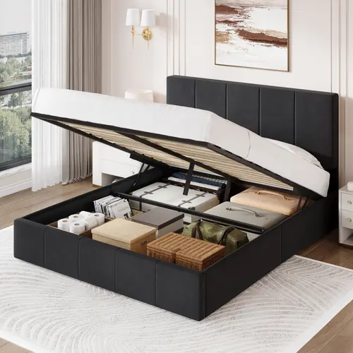 SHA CERLIN Lift Up Storage Bed Upholstered Platform Bed Frame, Hydraulic Storage, No Box Spring Needed, Wood Slats Support, Full/Queen/King Sizes, sohochic