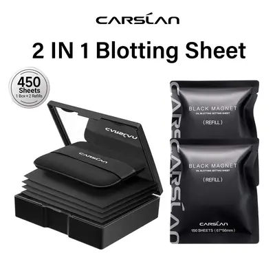 CARSLAN Black Magnet Oil Blotting Setting Sheet With Powder More Control Oil Keep Fresh 2 IN 1 Blotting Sheet with Mirror Puff & Recyclable Case, 450 Sheets 1 Box 2 Refills, Oil Sucker Blotting Paper, For Touch Up
