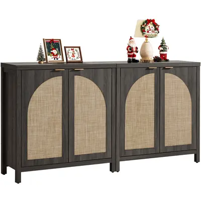 SICOTAS Oversized Mid-Century Rattan Wood Rectangular Sideboard Buffet Cabinet with Arch Doors & Shelves, Farmhouse Credenza for Living Room, Entryway Coffee Bar Media Console