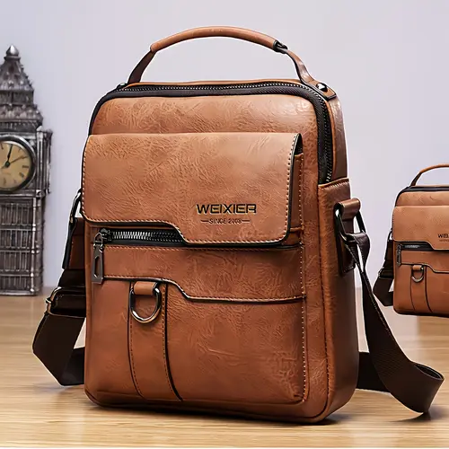 WEIXIER Men's PU Leather Crossbody Messenger Bag - Retro Street Vibe Multifunctional Bag, Large Capacity, Adjustable Strap, Everyday Carry for Business Travel, Daily Use, Unique Gifts for Man, Accessories Adults