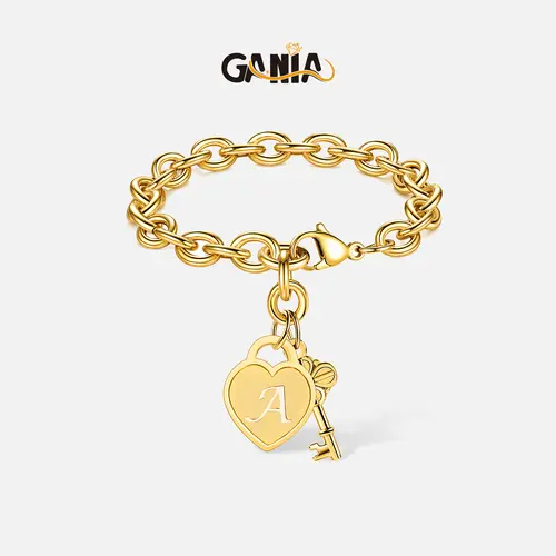 GANIA Personalized Initial Heart & Key Charm Bracelet - Adjustable Size, Unisex, Durable & Lightweight, Perfect for Birthday, Graduation, Easter Gifts