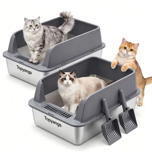 Topyangs 2-Pack Stainless Steel Cat Litter Box, Extra Large High Sided Splash Guard, Leakproof & Non-Stick Easy Clean Metal Litter Pan, 2 Free Litter Scoops for Multi-Cat Households, Ideal Cat Toilet Gift ,Litterbox,sohochic