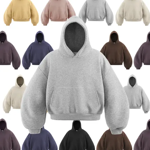 Inflation Men's Fleece-Lined Hoodie Sweatshirt - Longsleeves Pullover, Cropped Boxy Oversized, Stylish Curved Blade Short Hood, Winter American-Style Eggshell Menswear, Cozy Loose-Fit Minimalist Casual Streetwear Looks